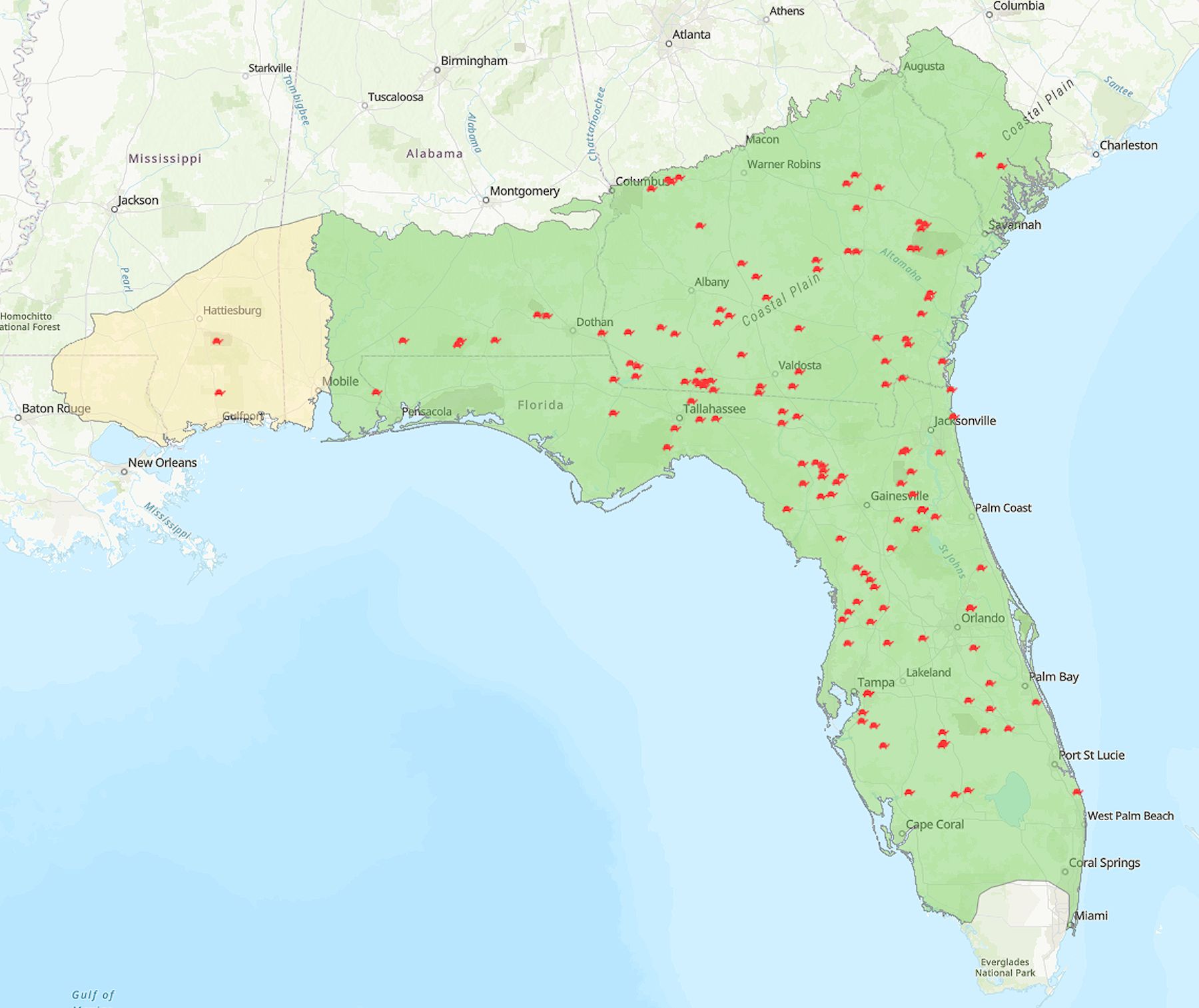 The range of the gopher tortoise, the only native tortoise east of the Mississippi River. Photo credit: US Fish and Wildlife Service.